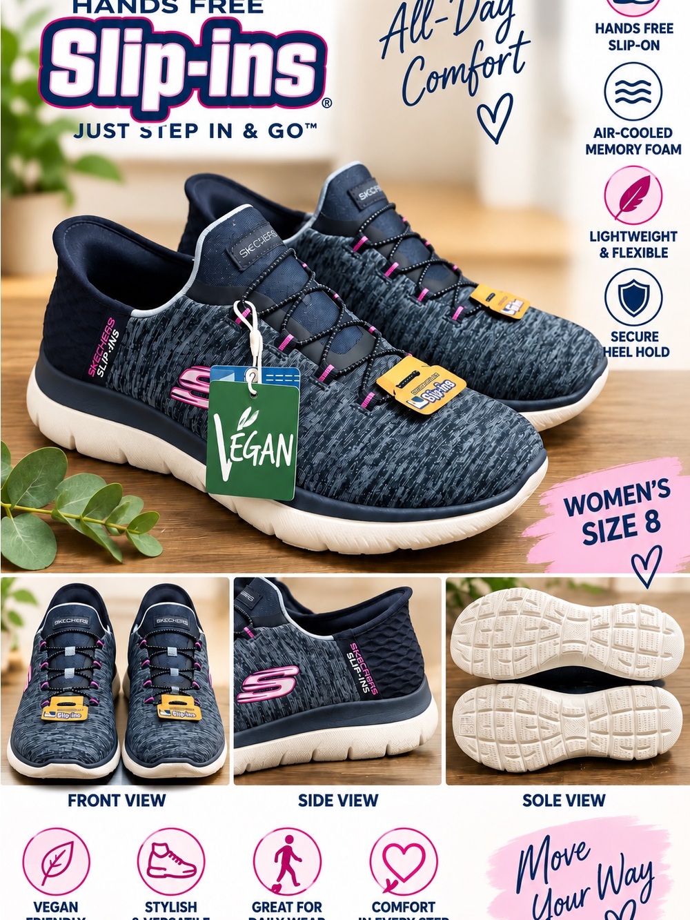 Skechers Women's Navy and Pink Slip-On Vegan Memory Foam Sneakers